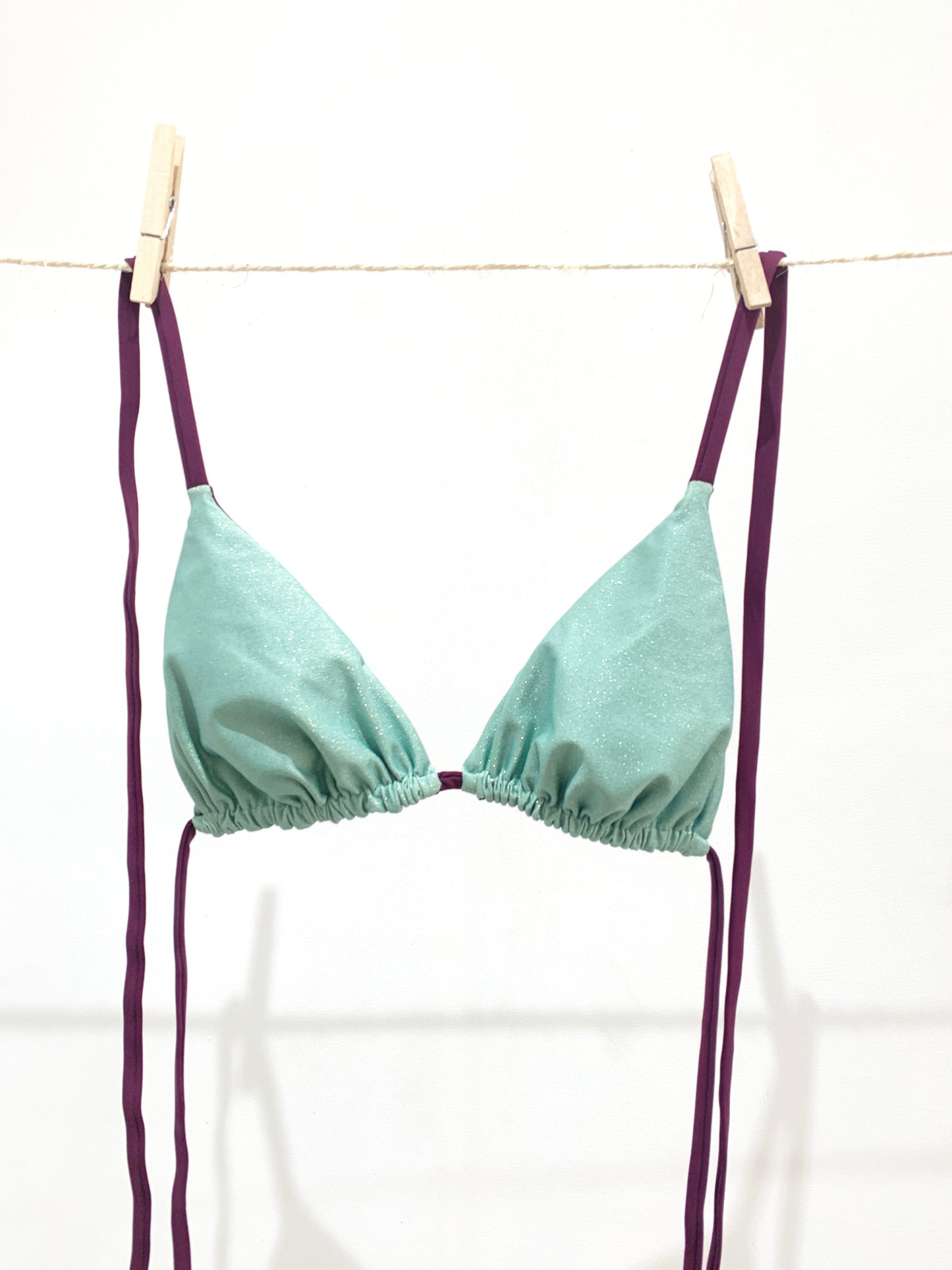triangle paillette turquoise;maillot triangle aubergine;